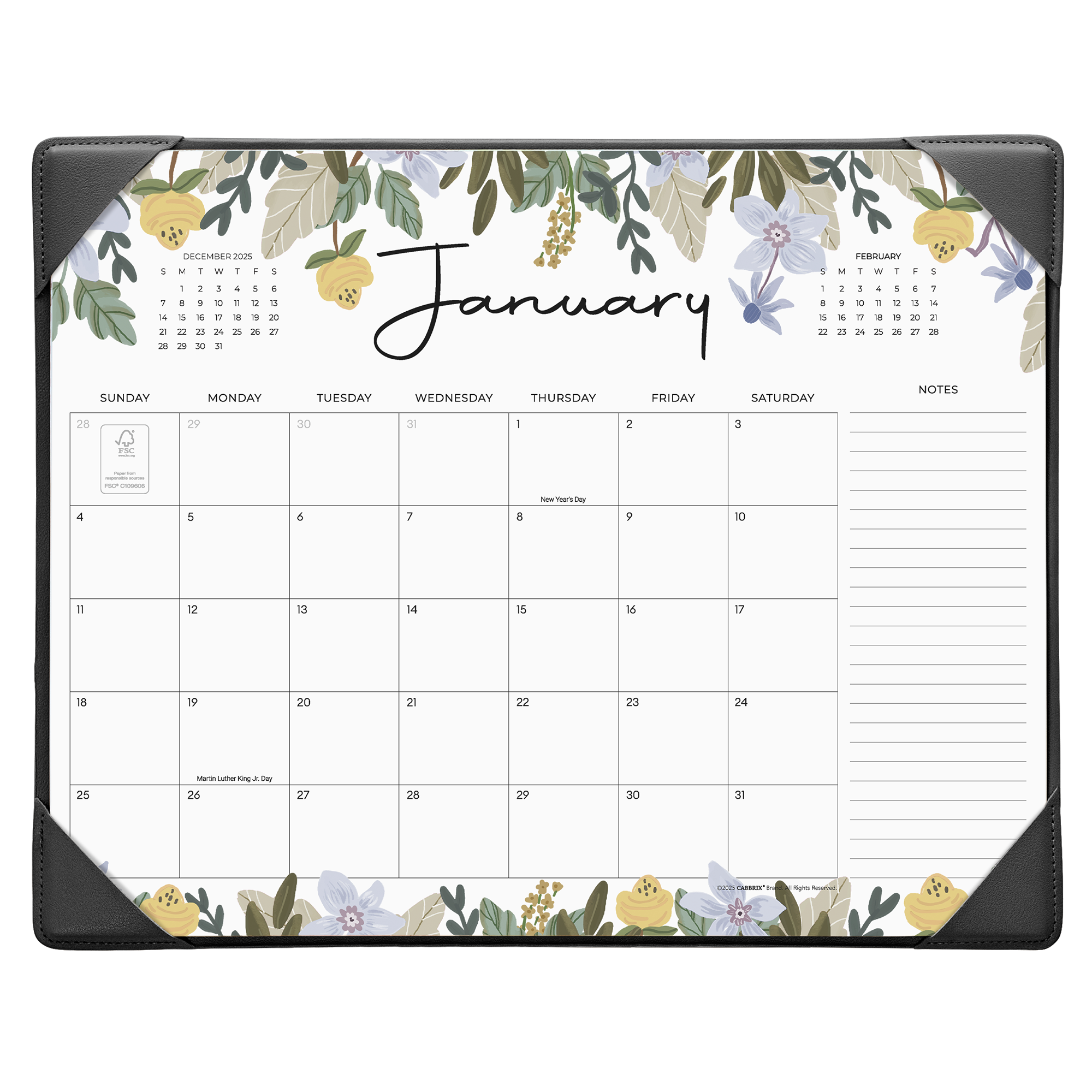 Floral-themed calendar pad with January on a white background