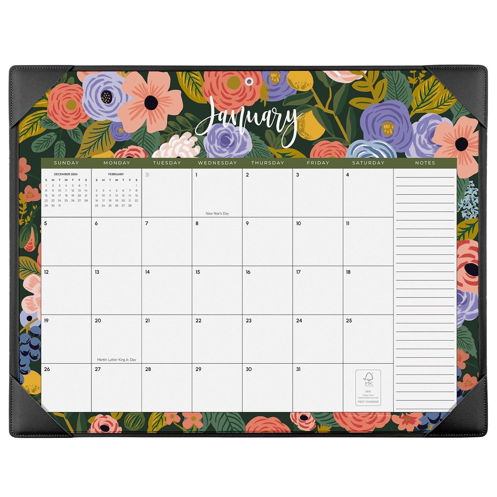 Cabbrix 2025-2026 Desk Calendar, Colorful Flowers, Black