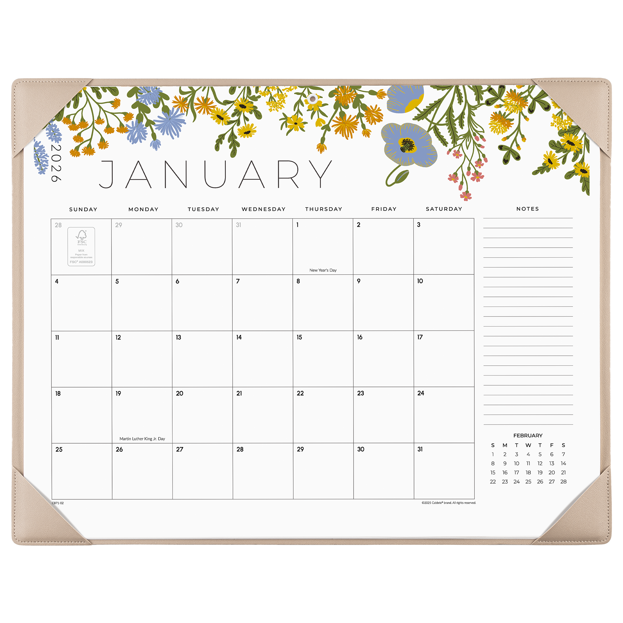 Floral decorated January calendar on a white background
