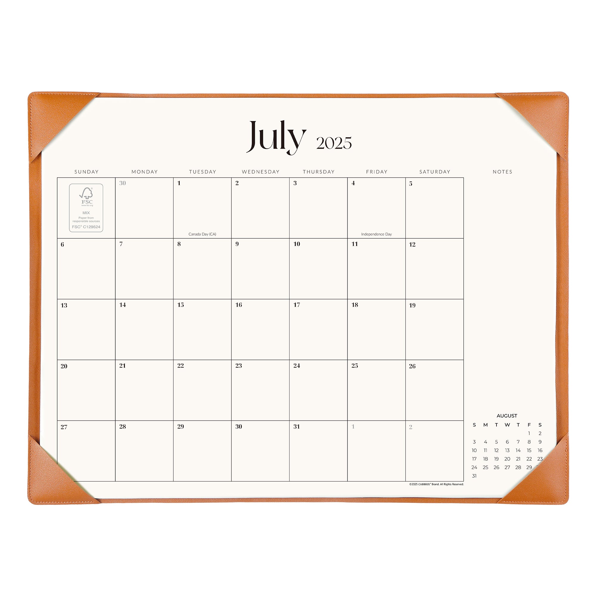 Calendar for July 2023 with a brown frame on a white background