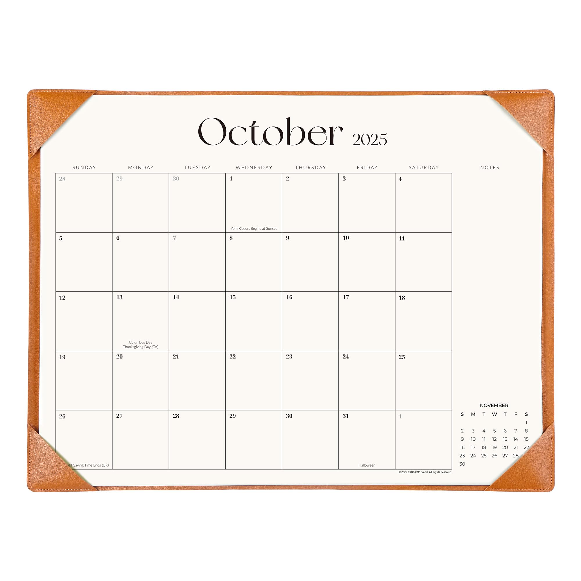 Calendar for October 2025 with a brown border on a white background