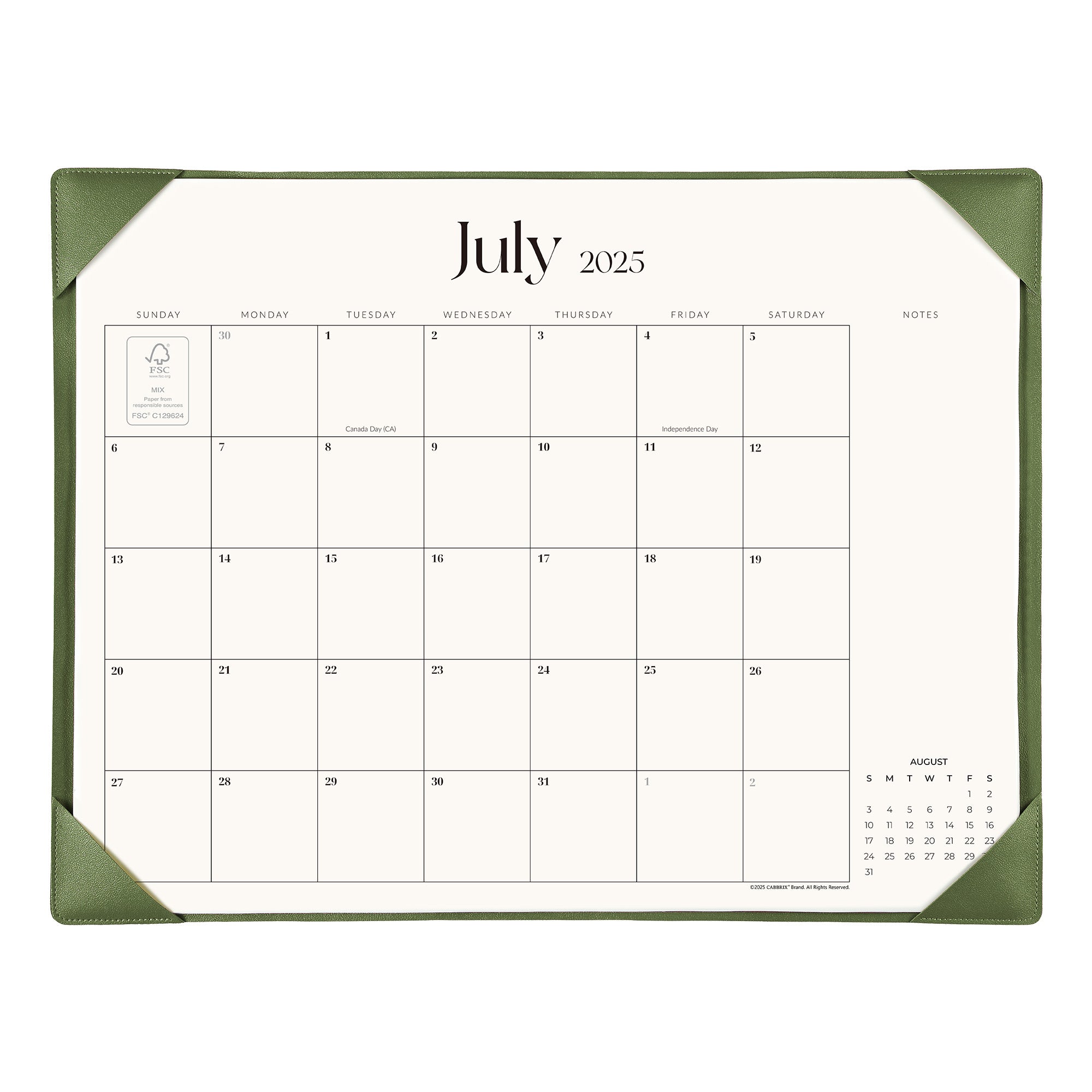 Cabbrix 2025-2026 Desk Calendar, Simplified Style, Green