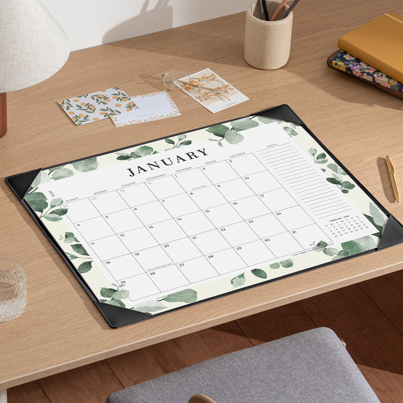 Cabbrix 2025-2026 Desk Calendar, Watercolor Leaves, Black