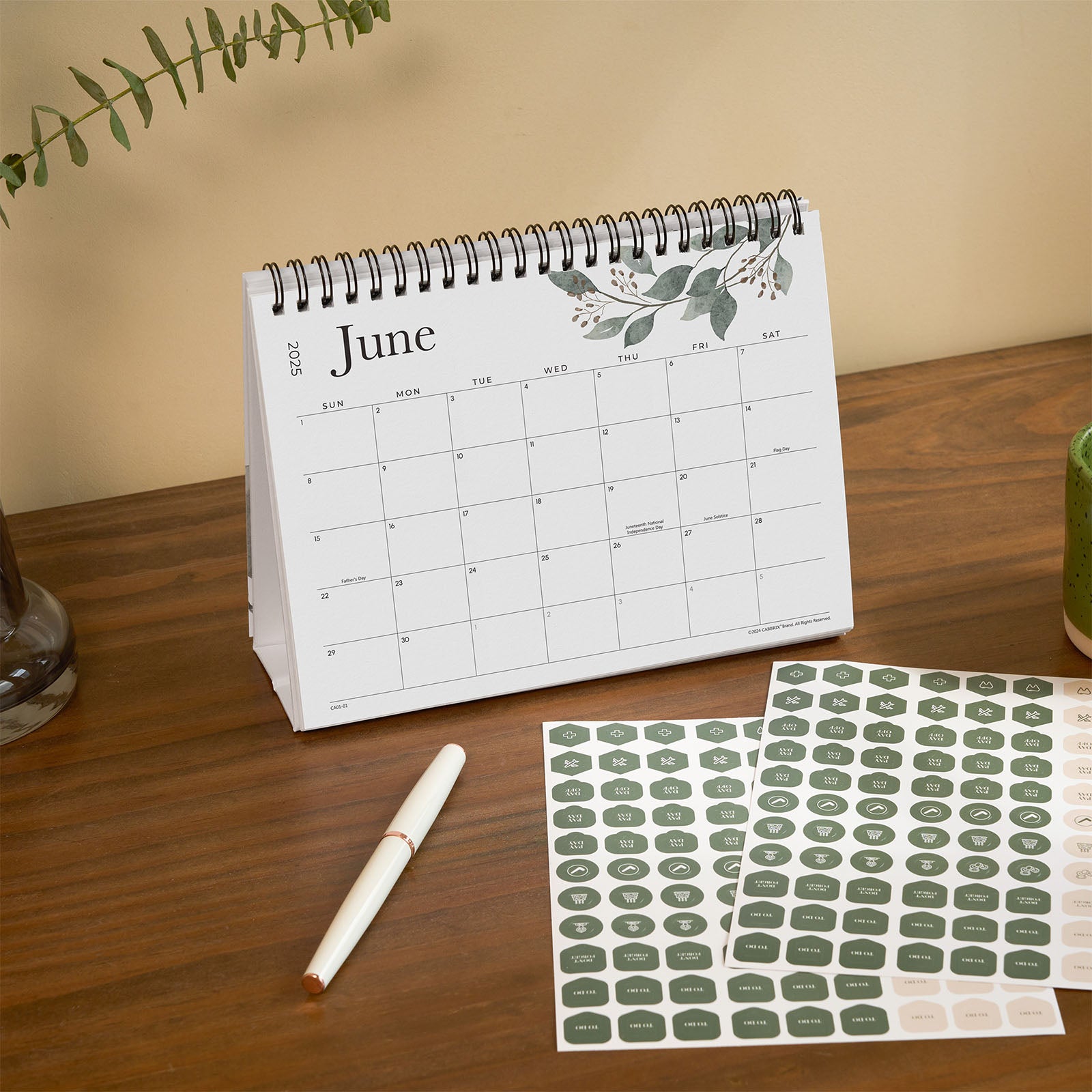Cabbrix 2025-2026 Desk Calendar, With Stickers, Watercolor Plant Elements