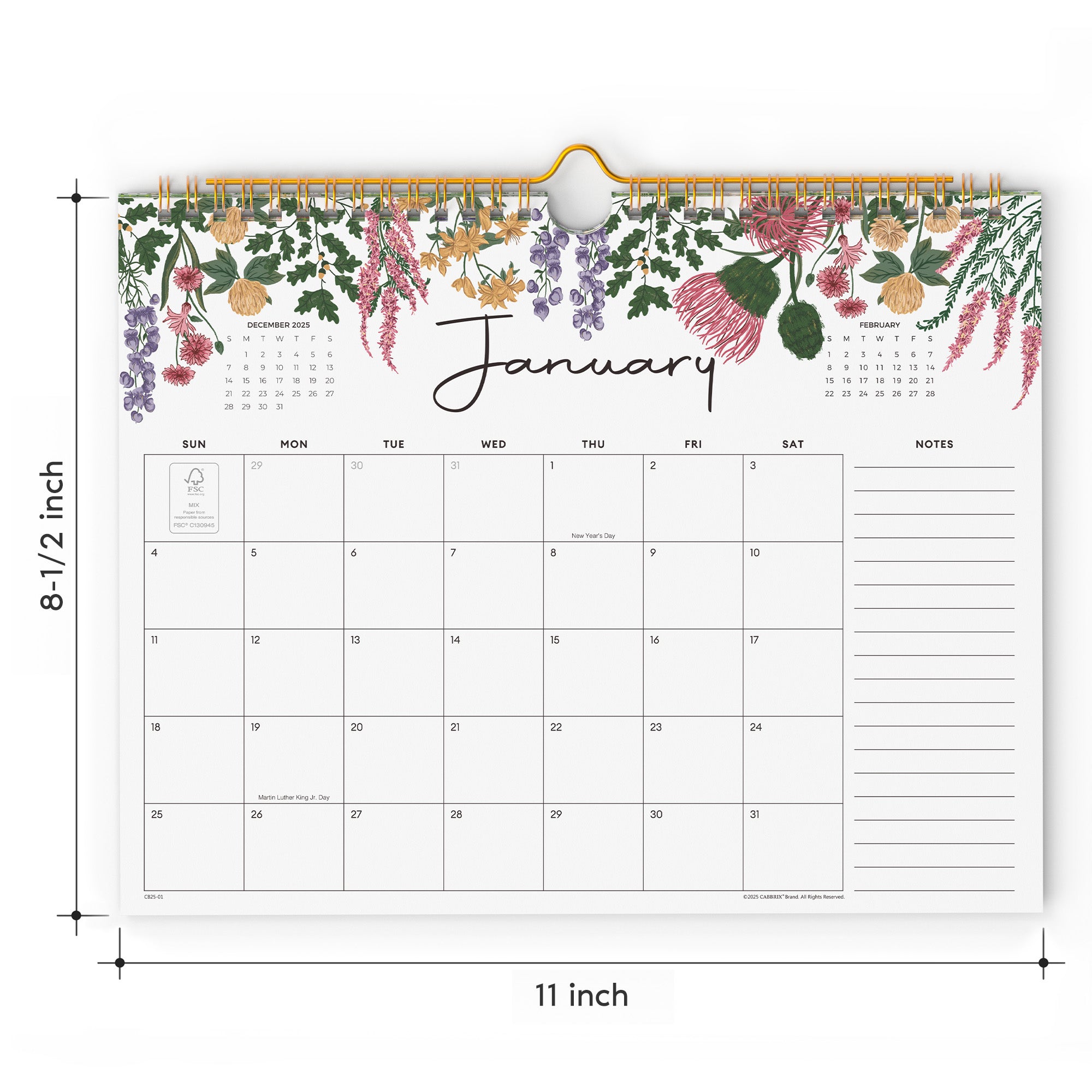 Cabbrix 2026-2027 Wall Calendar, Twin-Wire Binding, 11"L×9"W, Vine Poem