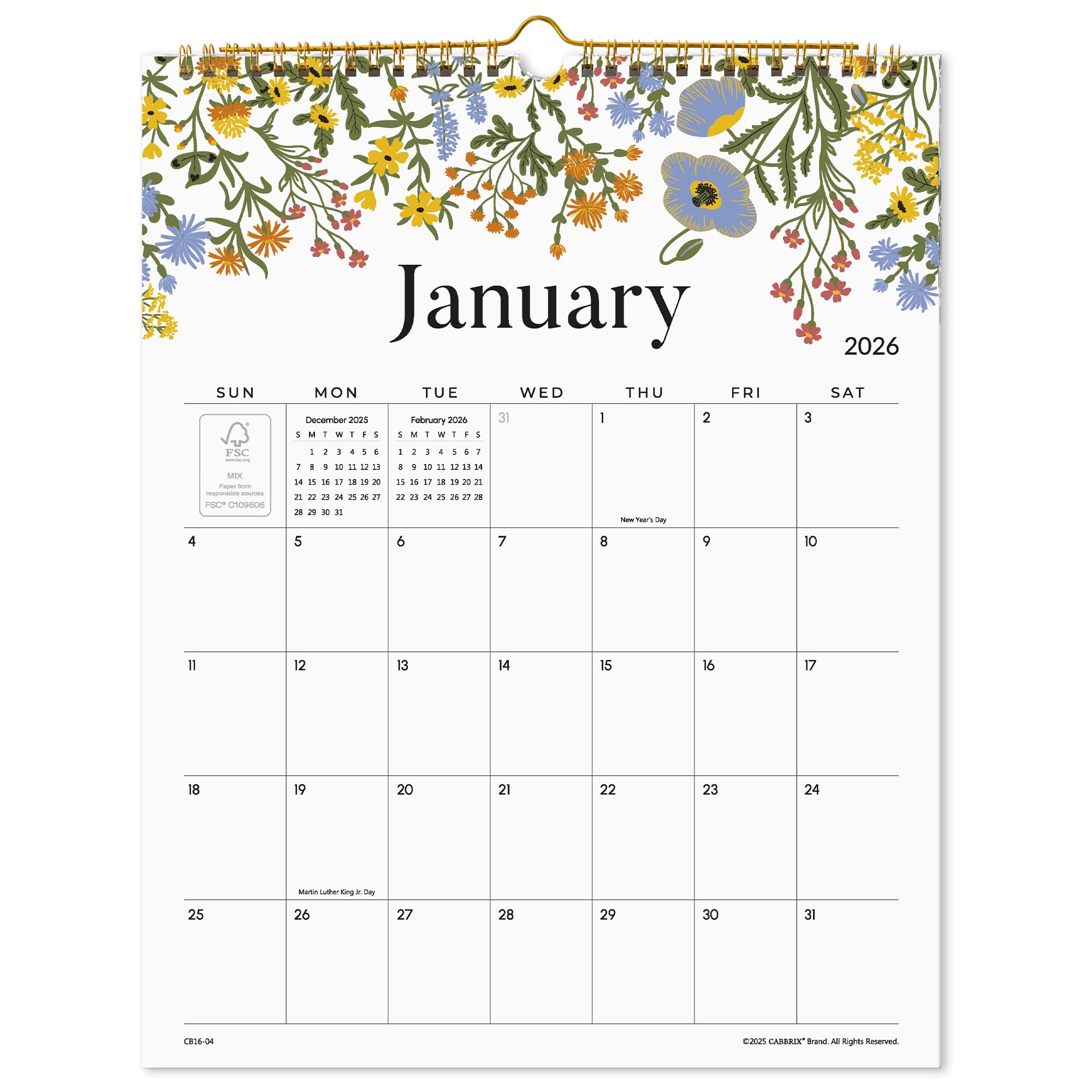 Cabbrix 2025-2026 Wall Calendar, Twin-Wire Binding, Floral Elements