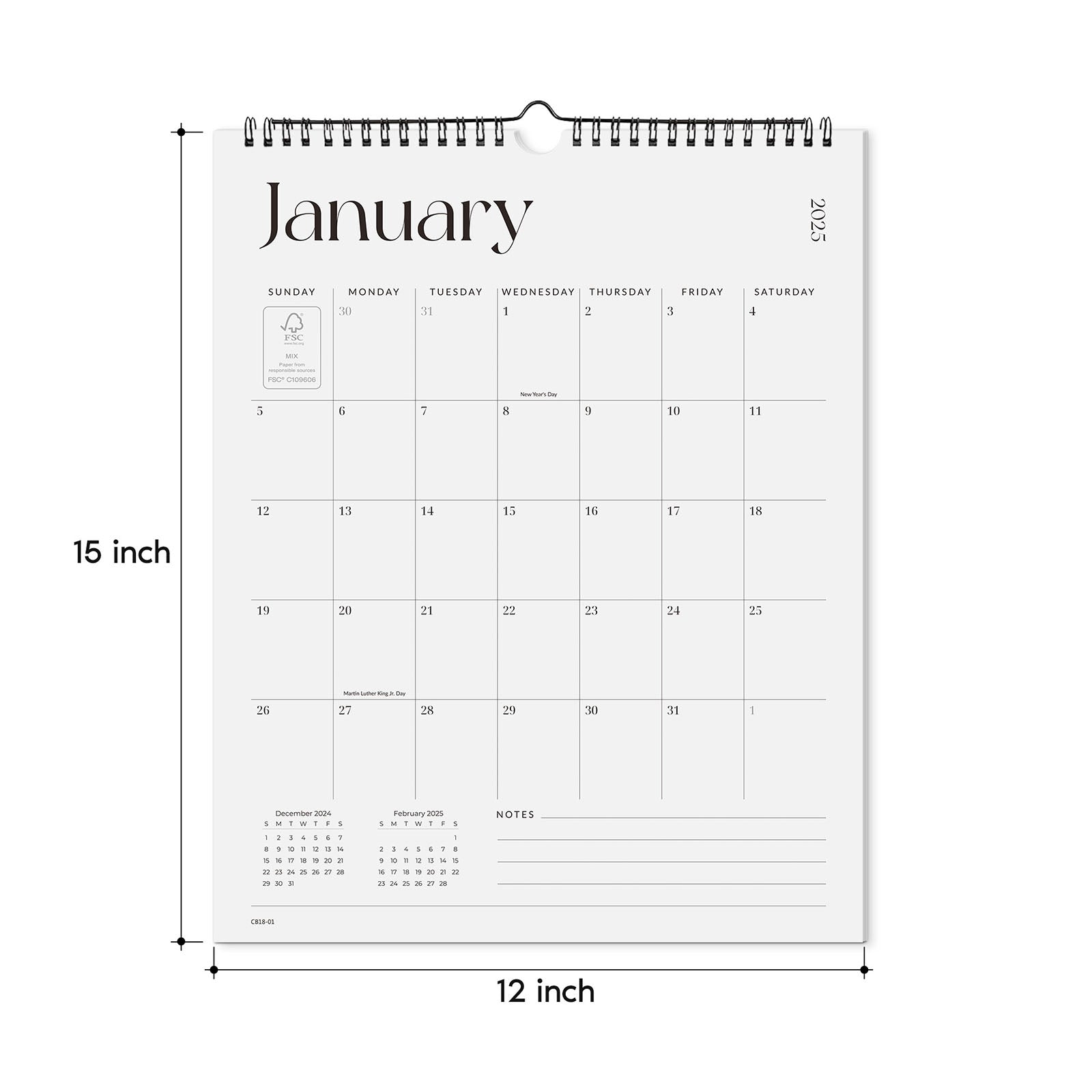 Cabbrix 2025-2026 Wall Calendar, Twin-Wire Binding, Simple Design