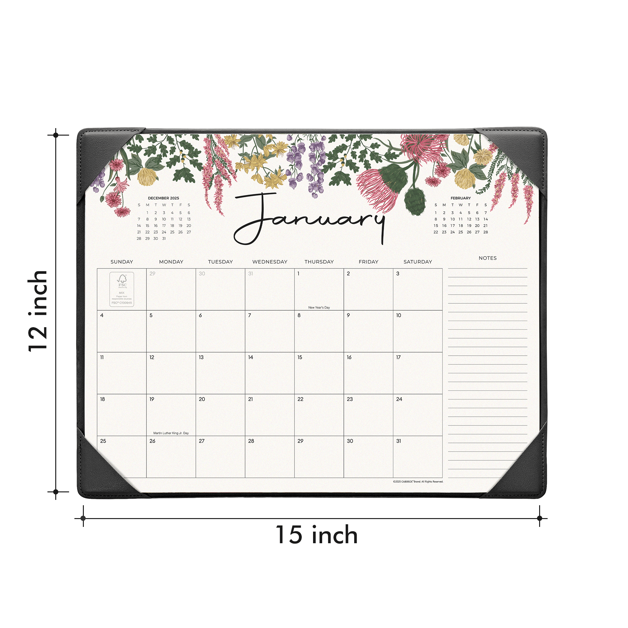 Cabbrix 2026-2027 Desk Calendar, 15"L×12"W, Vine Poem, Black