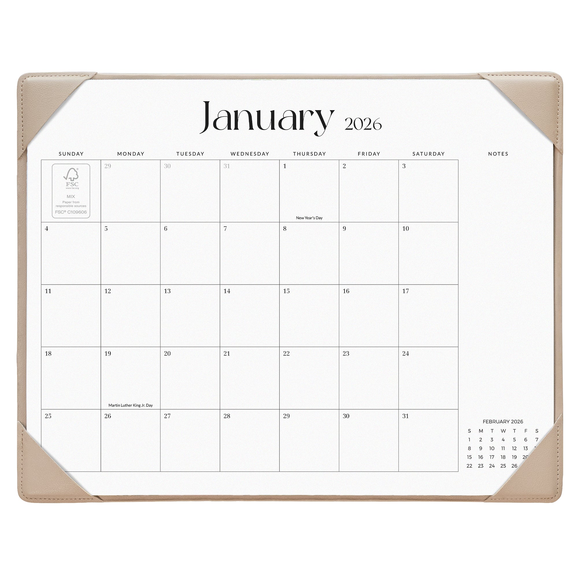 Calendar for January 2026 with a beige border on a white background