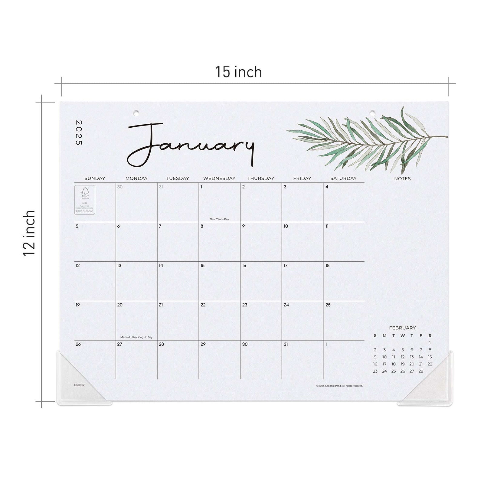 Cabbrix 2024-2025 Desk Calendar, 15"L×12"W, Botanical Elements