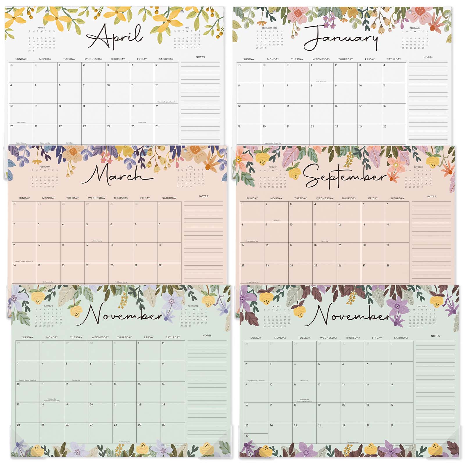 Cabbrix 2024-2025 Desk Calendar, Floral Design, With Hanging Holes