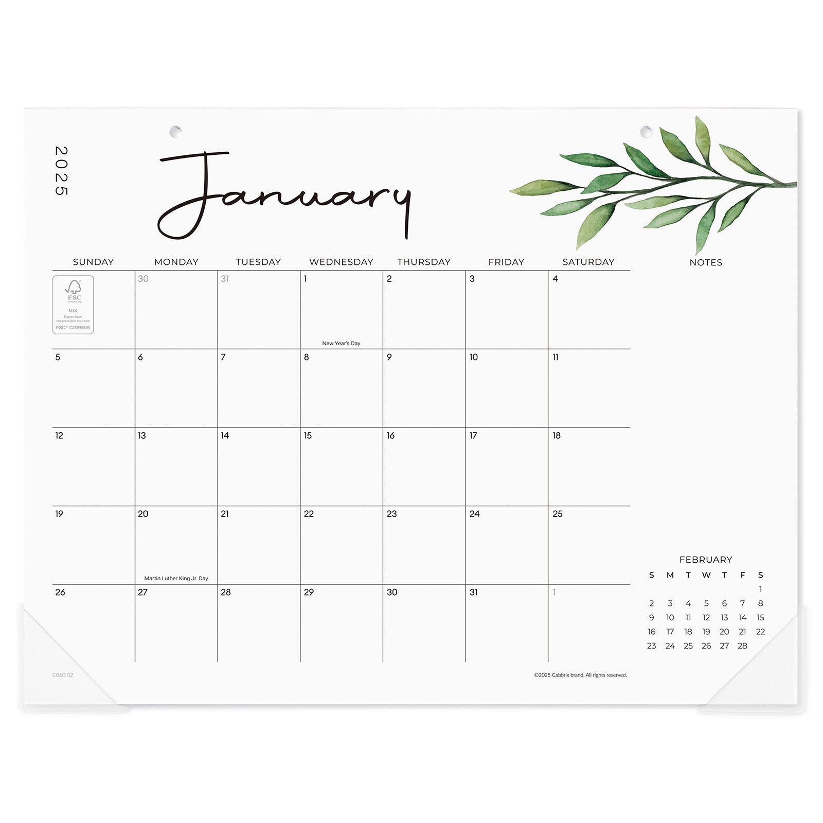 Cabbrix 2025-2026 Desk Calendar, 15"L×12"W, Botanical Elements