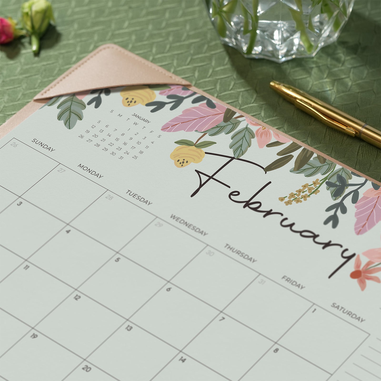 Cabbrix 2025-2026 Desk Calendar, 15"L×12"W, Floral Design, Apricot