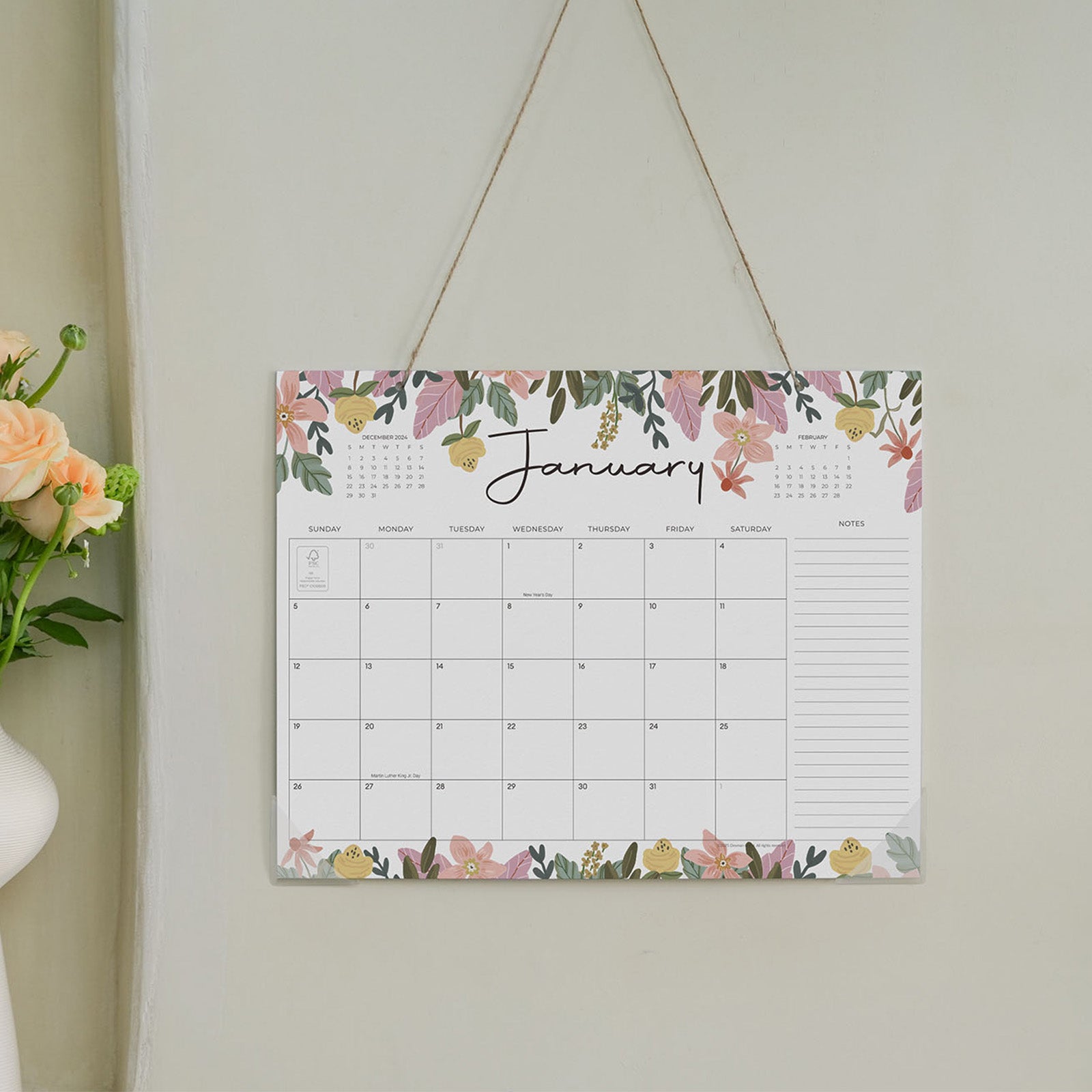 Cabbrix 2025-2026 Desk Calendar, 15"L×12"W, Floral Design, Apricot