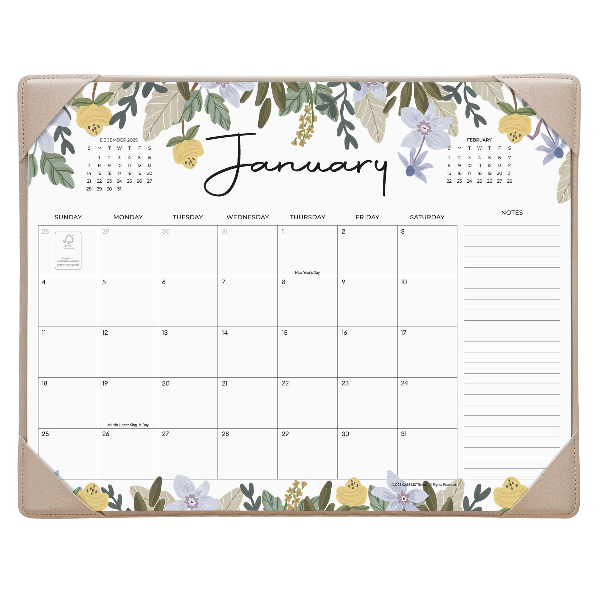 Floral-themed calendar pad with January on a white background