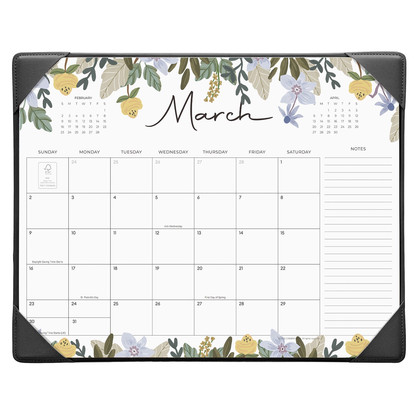 Cabbrix 2025-2026 Desk Calendar, 15"L×12"W, Floral Design, Black