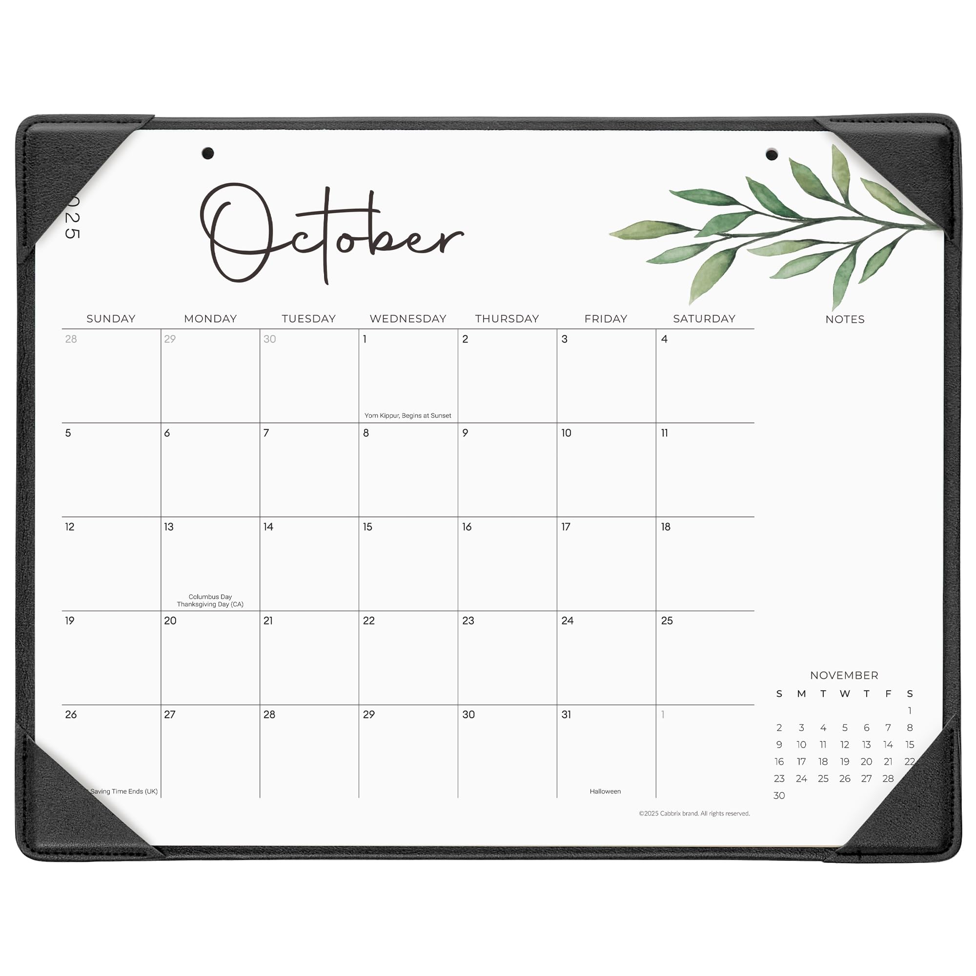 Calendar with 'October' at the top and green leaf design on a white background