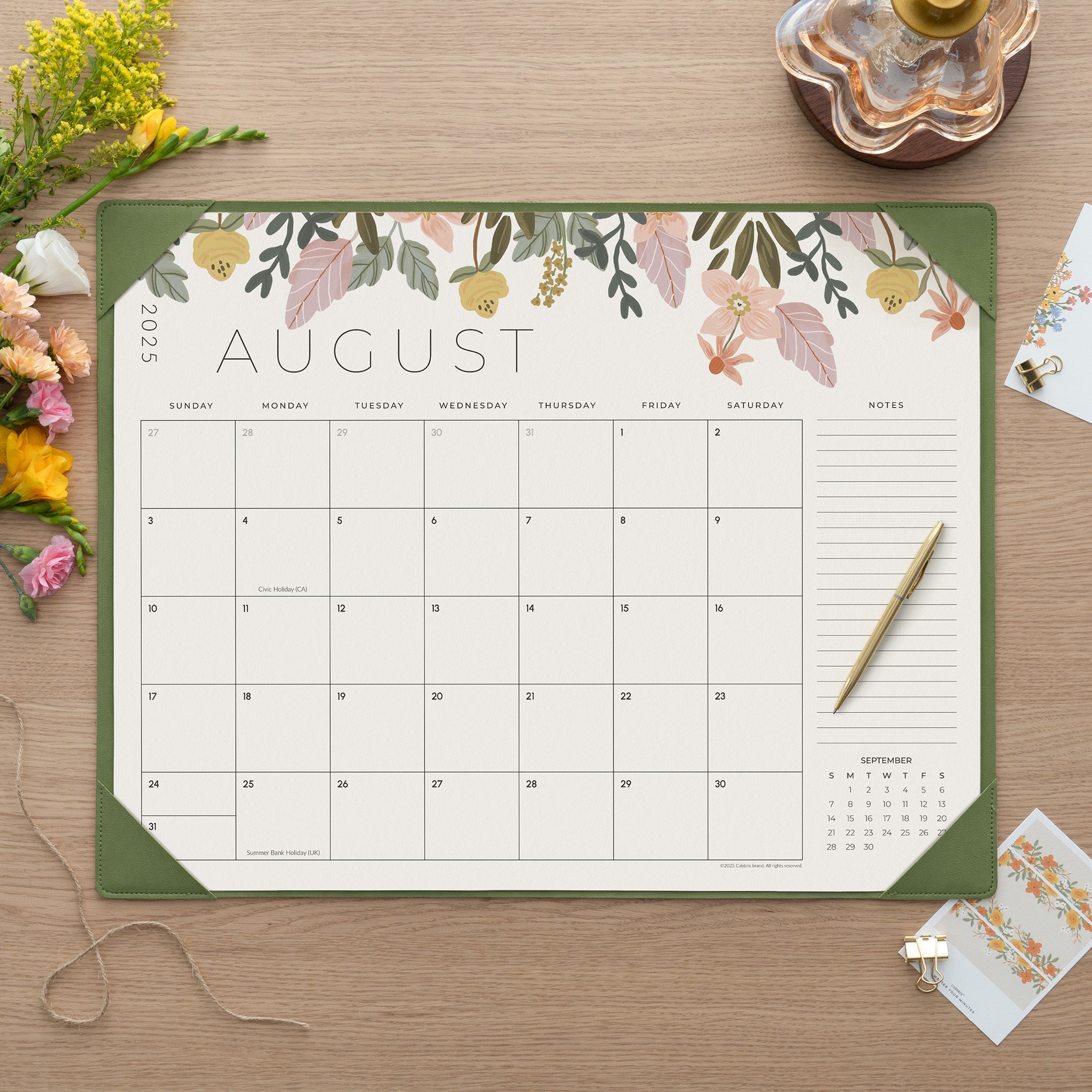 Cabbrix 2025-2026 Desk Calendar, Floral Elements, Green