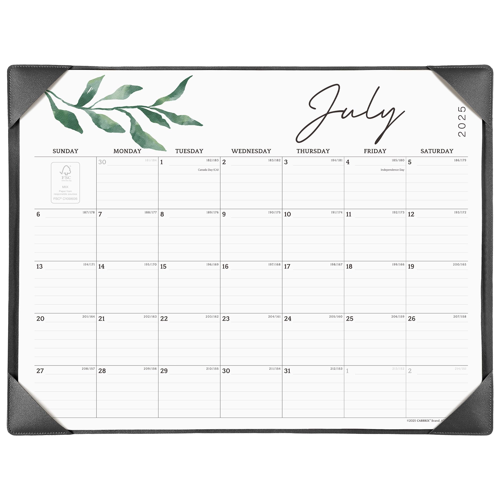 Calendar for July 2023 with green leaf design on a white background
