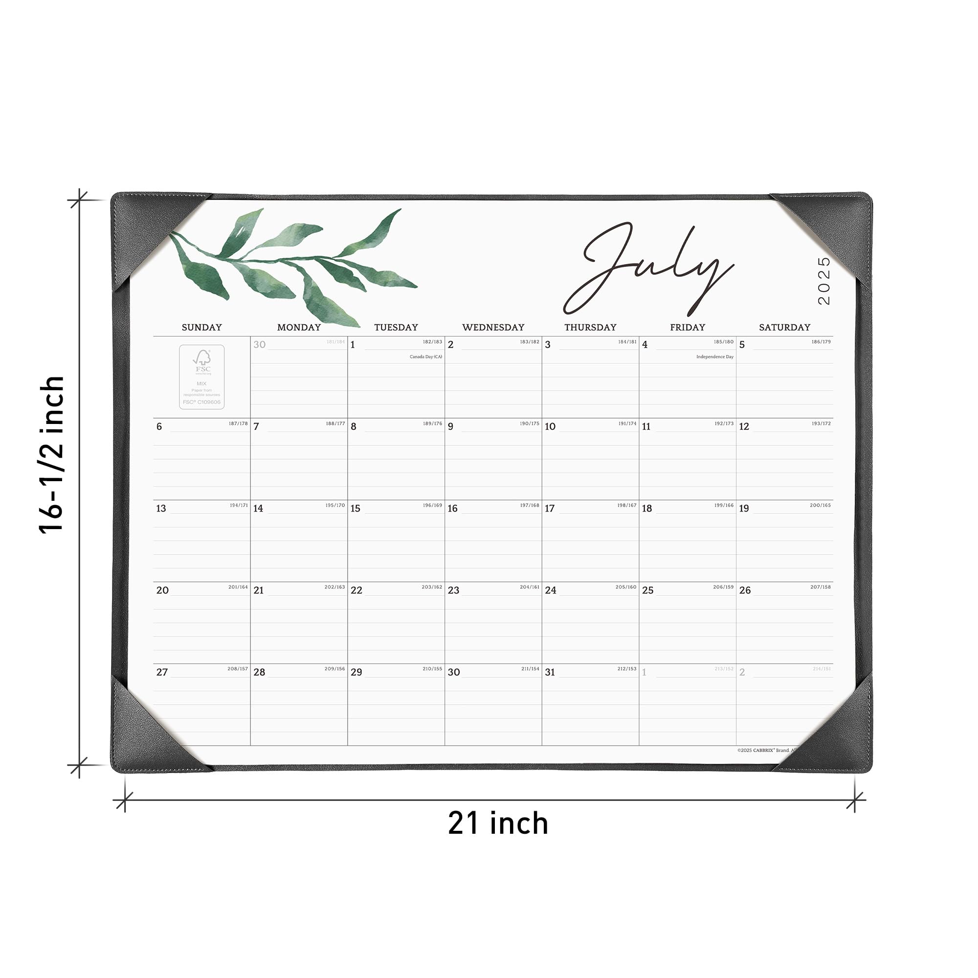 Calendar with July 2025 on a white background, featuring green leaf design.