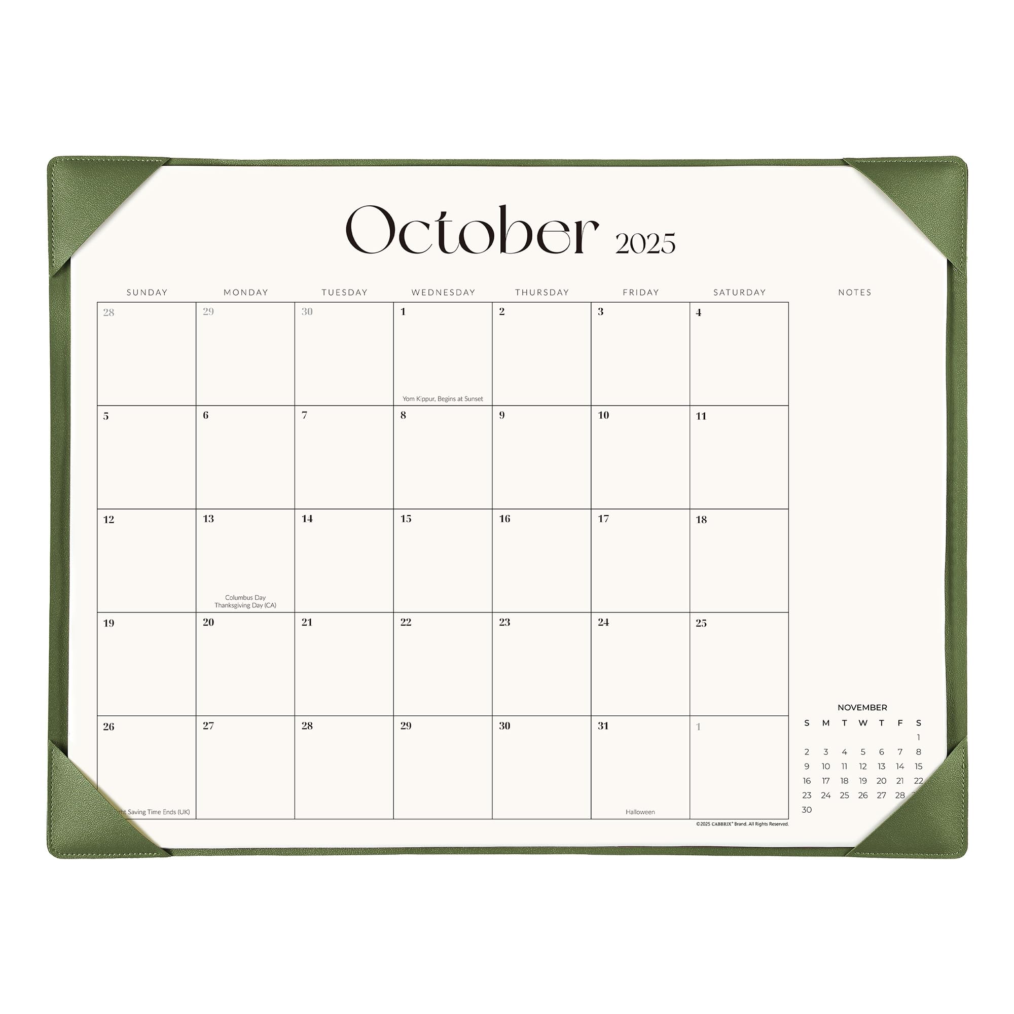 Calendar for October 2025 with a green border on a white background