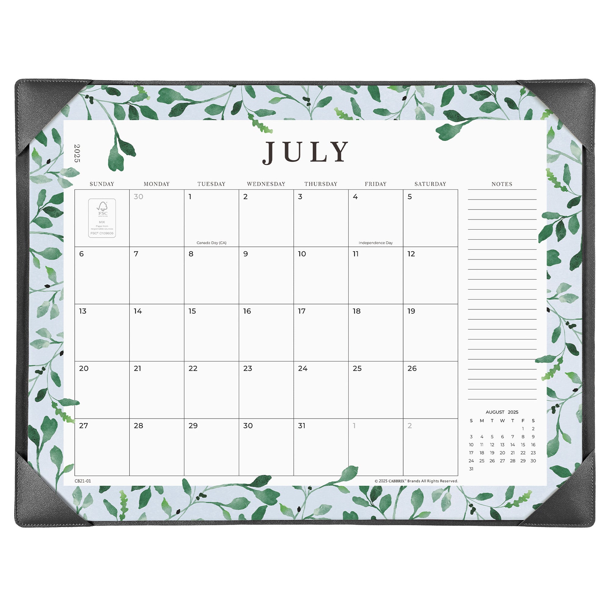 Cabbrix 2025-2026 Desk Calendar, Watercolor Leaves, Black