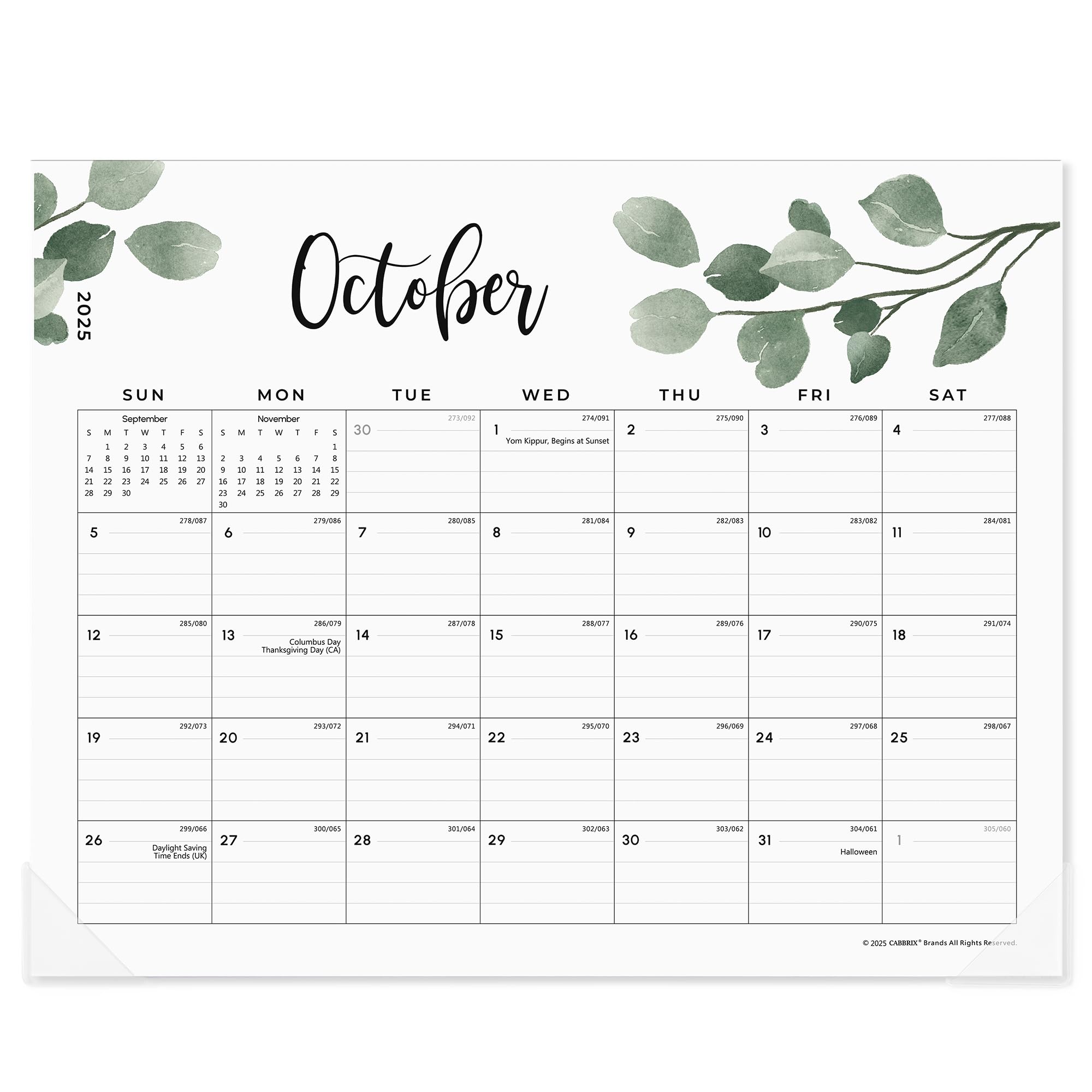 Calendar for October 2023 with green leaf decorations on a white background