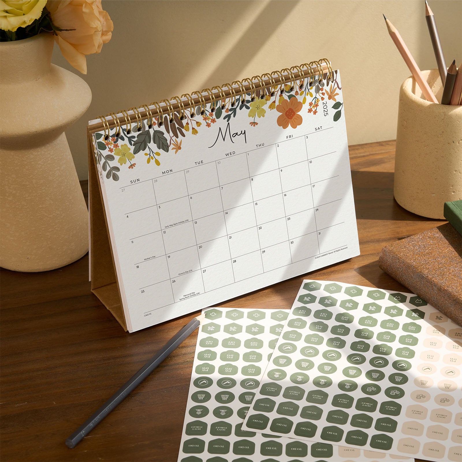 Cabbrix 2025-2026 Standing Desk Calendar, With Stickers, Floral Design