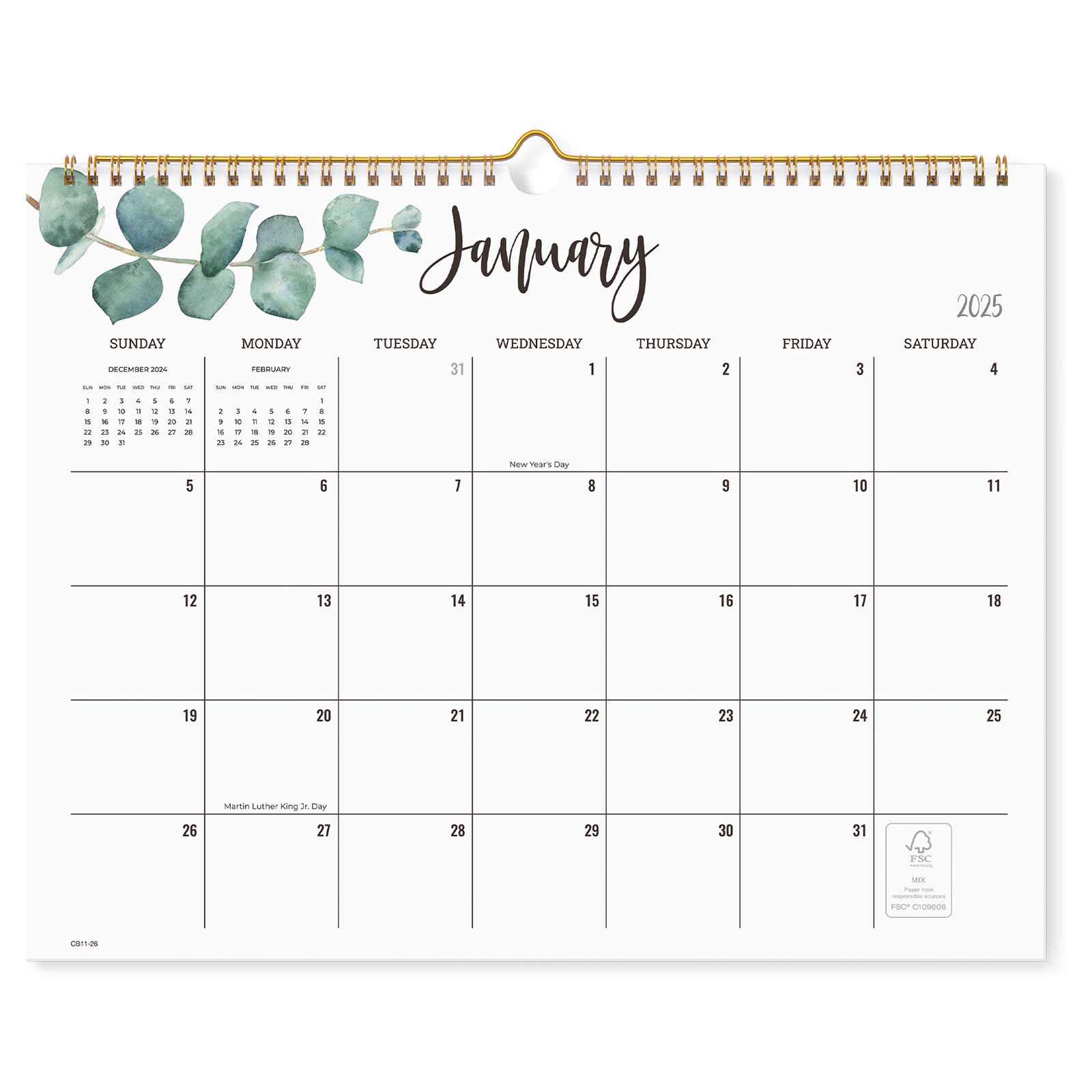 Cabbrix 2025-2026 Wall Calendar, Spiral Binding, Botanical Elements