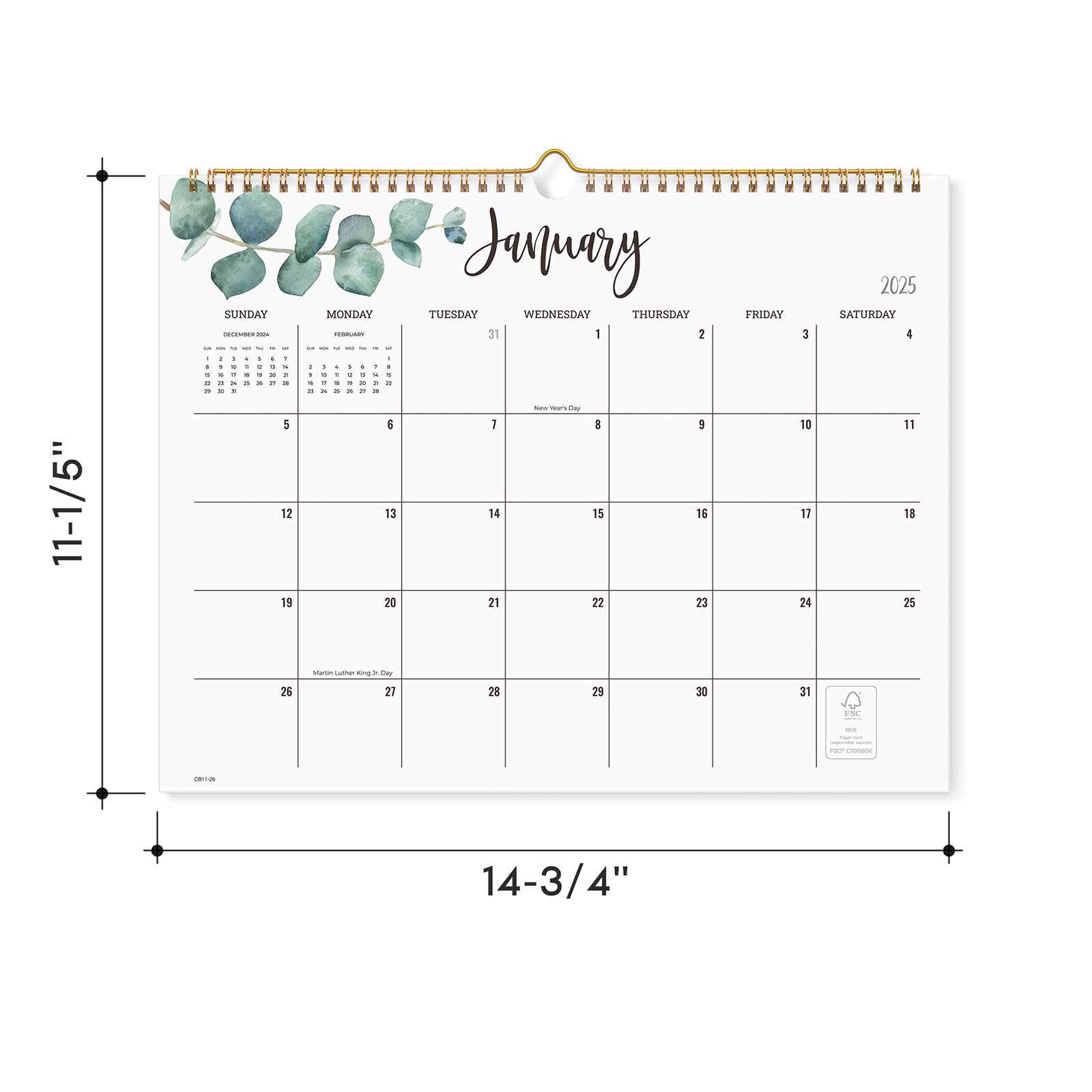 Cabbrix 2025-2026 Wall Calendar, Spiral Binding, Botanical Elements