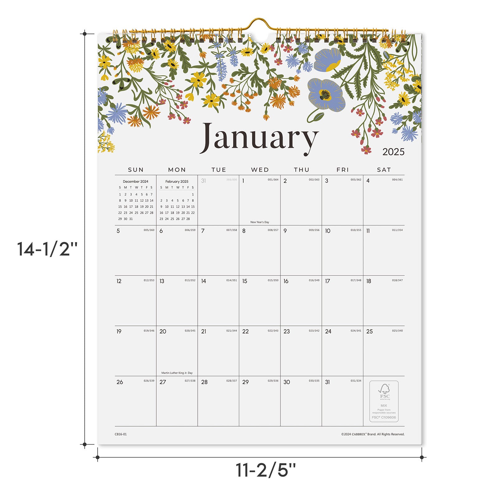 Cabbrix 2025-2026 Wall Calendar, Twin-Wire Binding, Floral Elements