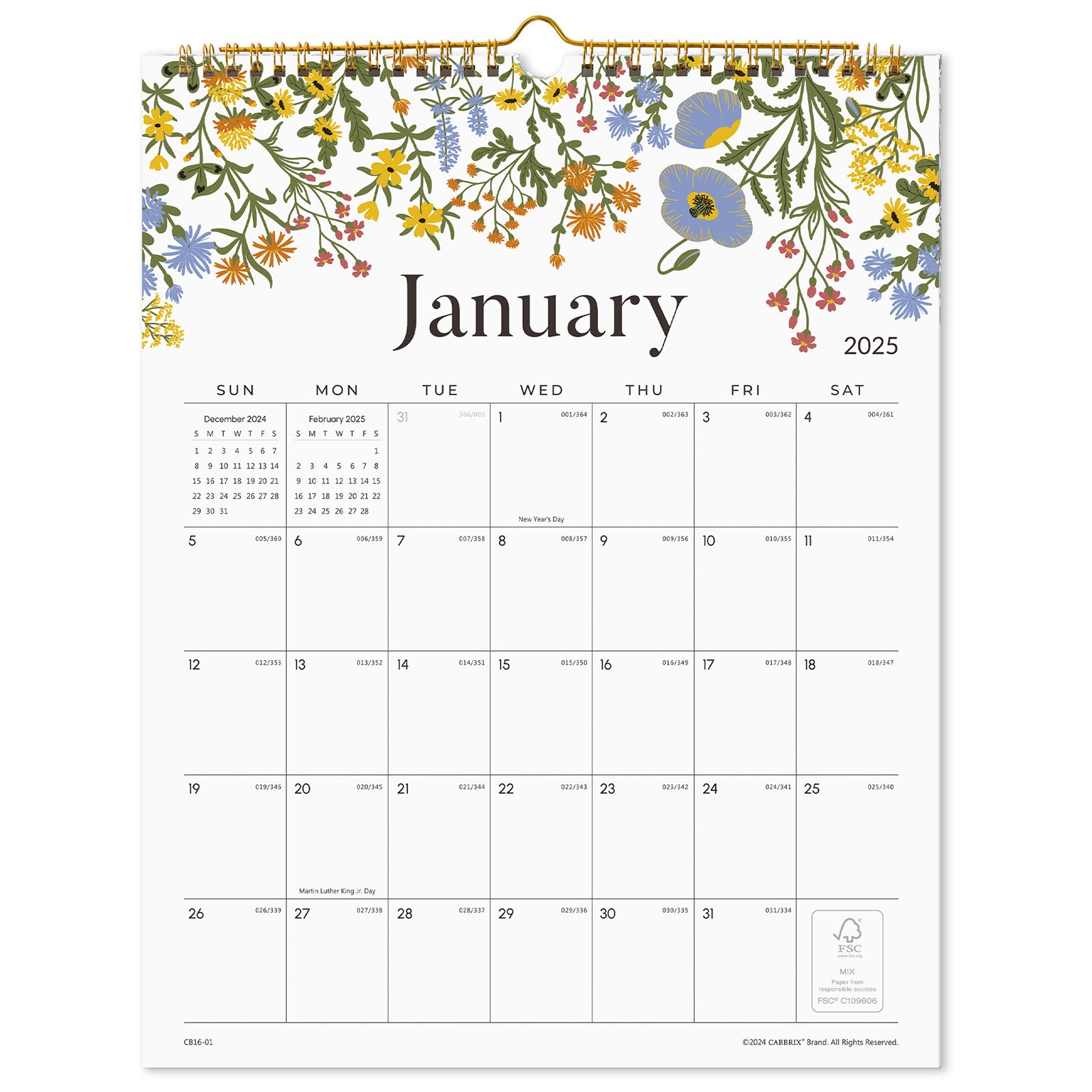 Cabbrix 2025-2026 Wall Calendar, Twin-Wire Binding, Floral Elements