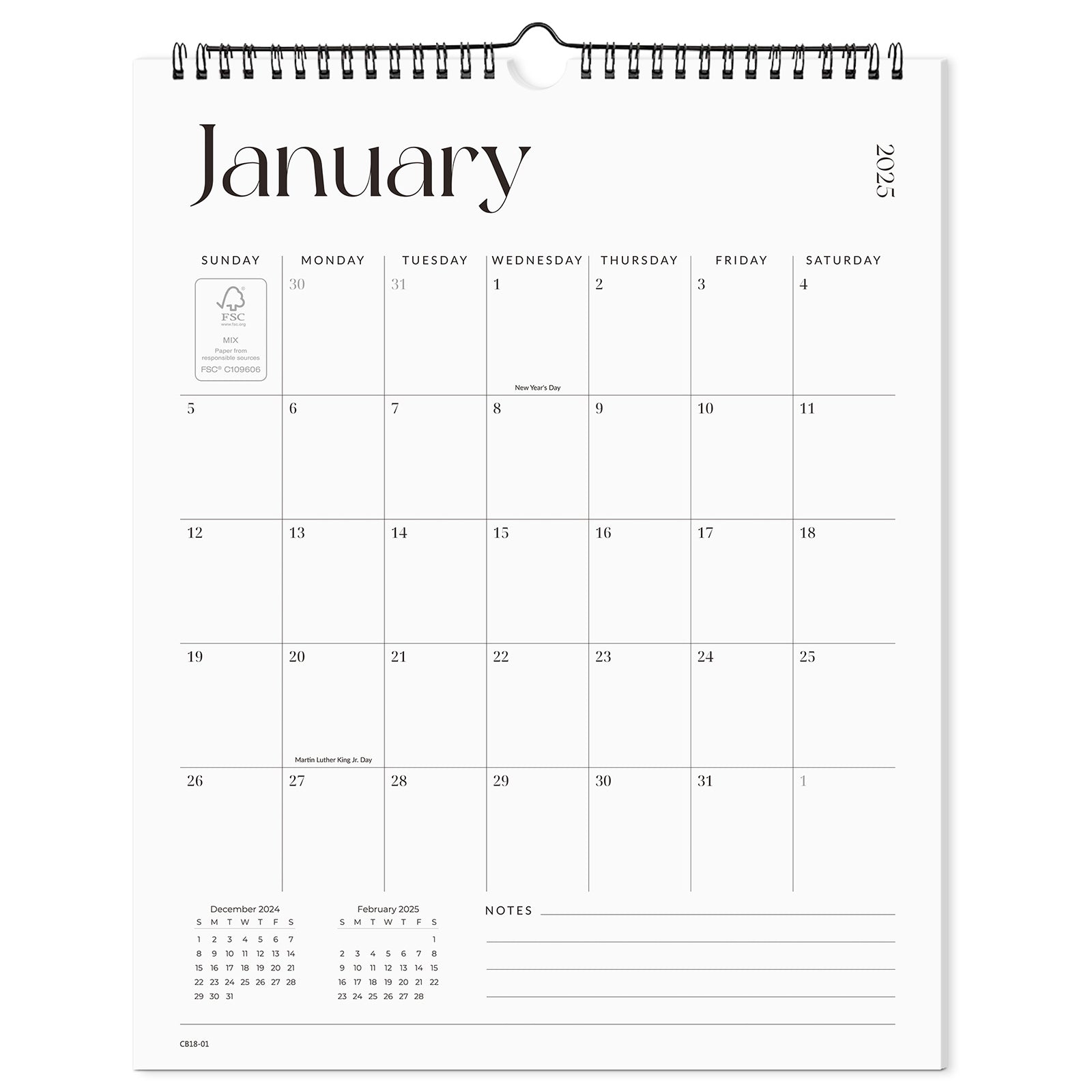 Cabbrix 2025-2026 Wall Calendar, Twin-Wire Binding, Simple Design