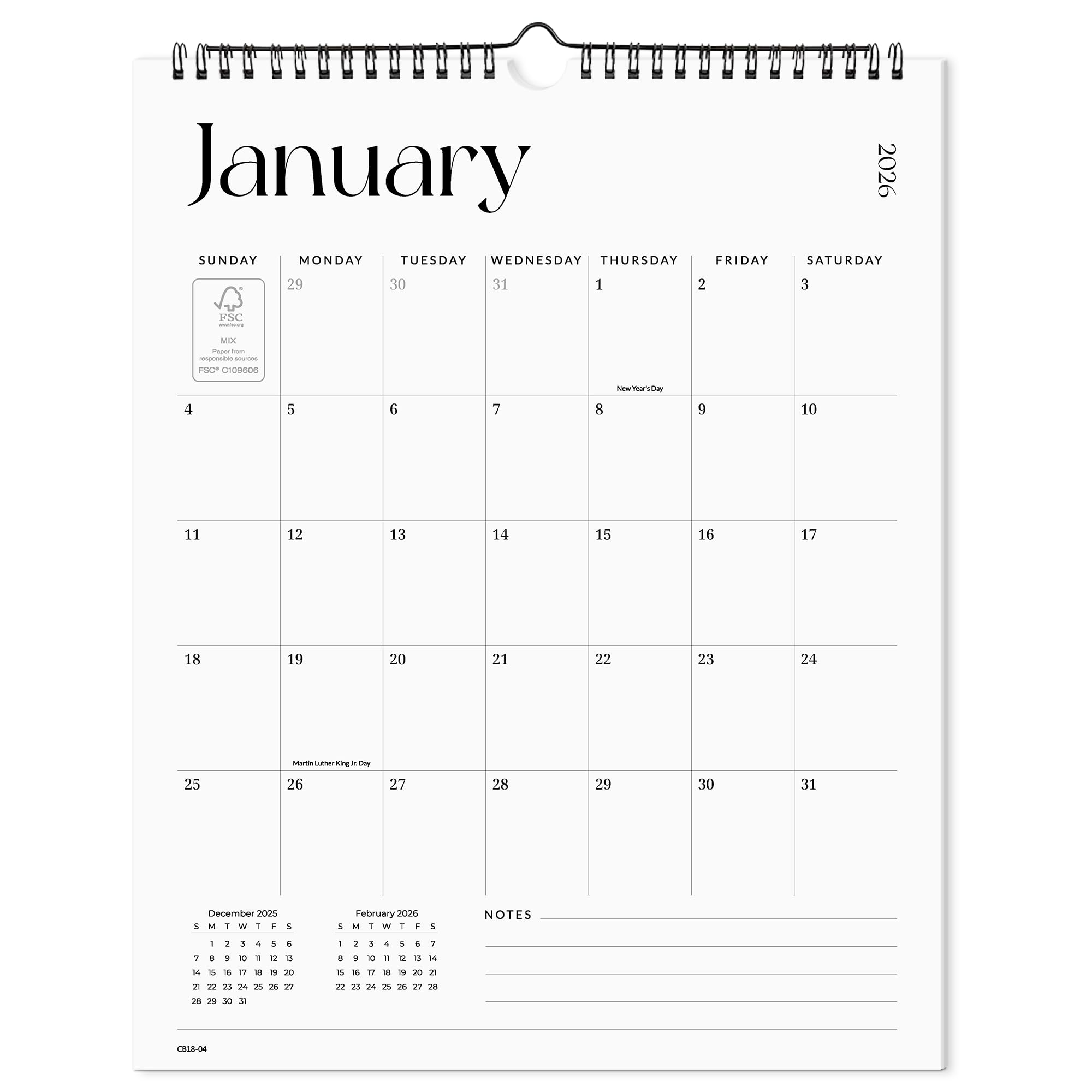Cabbrix 2025-2026 Wall Calendar, Twin-Wire Binding, Simple Design