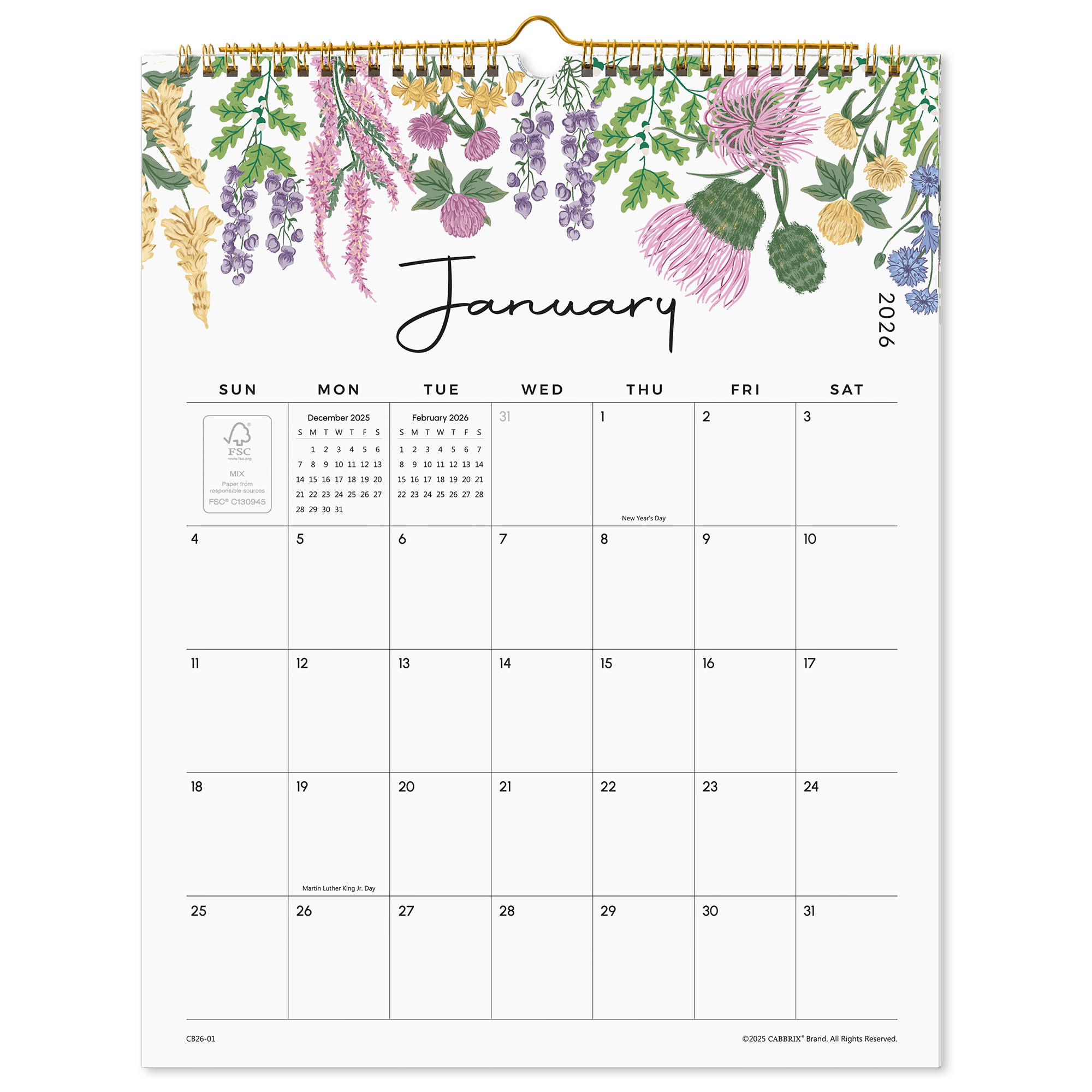 Cabbrix 2026-2027 Wall Calendar, Twin-Wire Binding, 12"L×15"W, Vine Poem