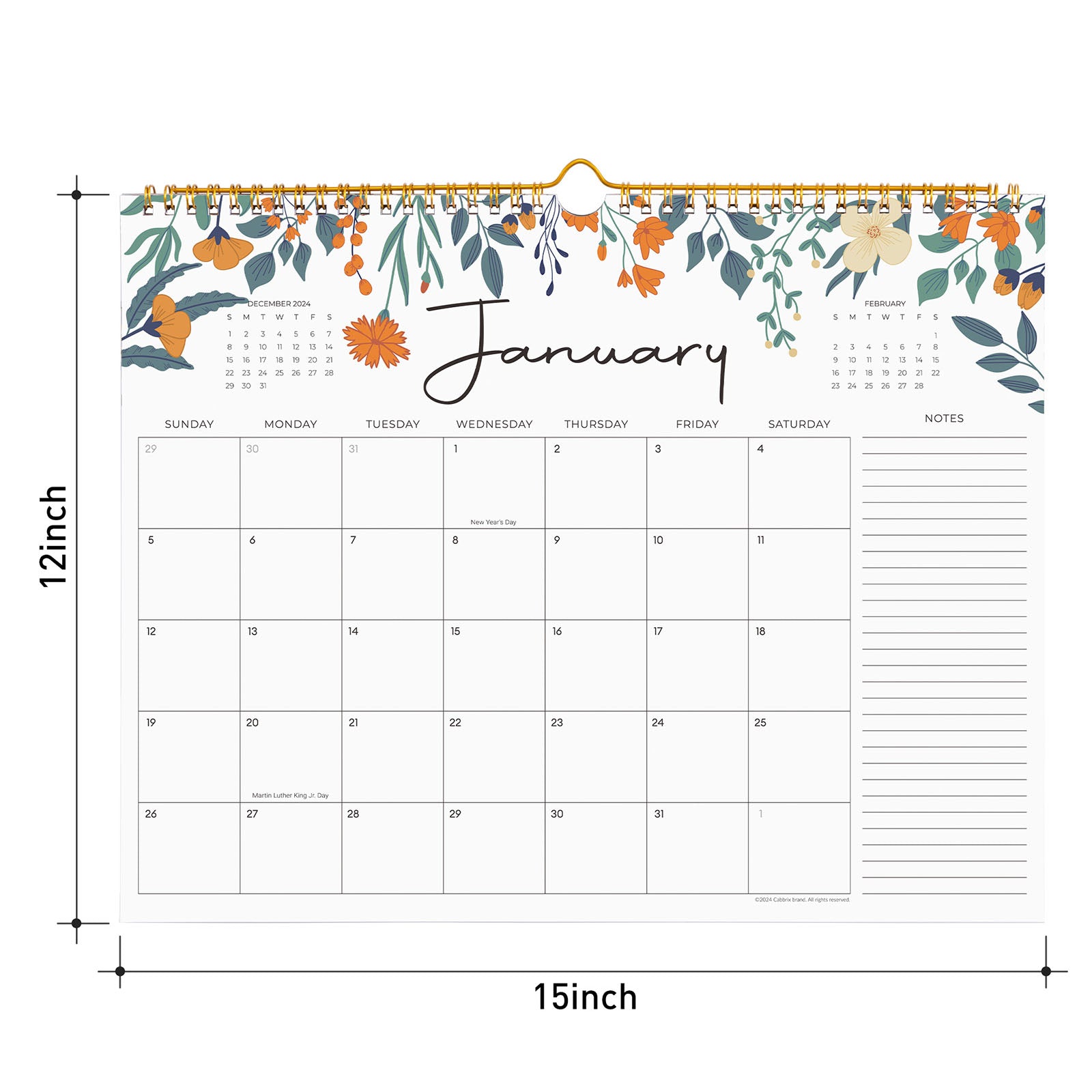 Cabbrix 2025-2026 Wall Calendar, Wirebound, Floral Elements