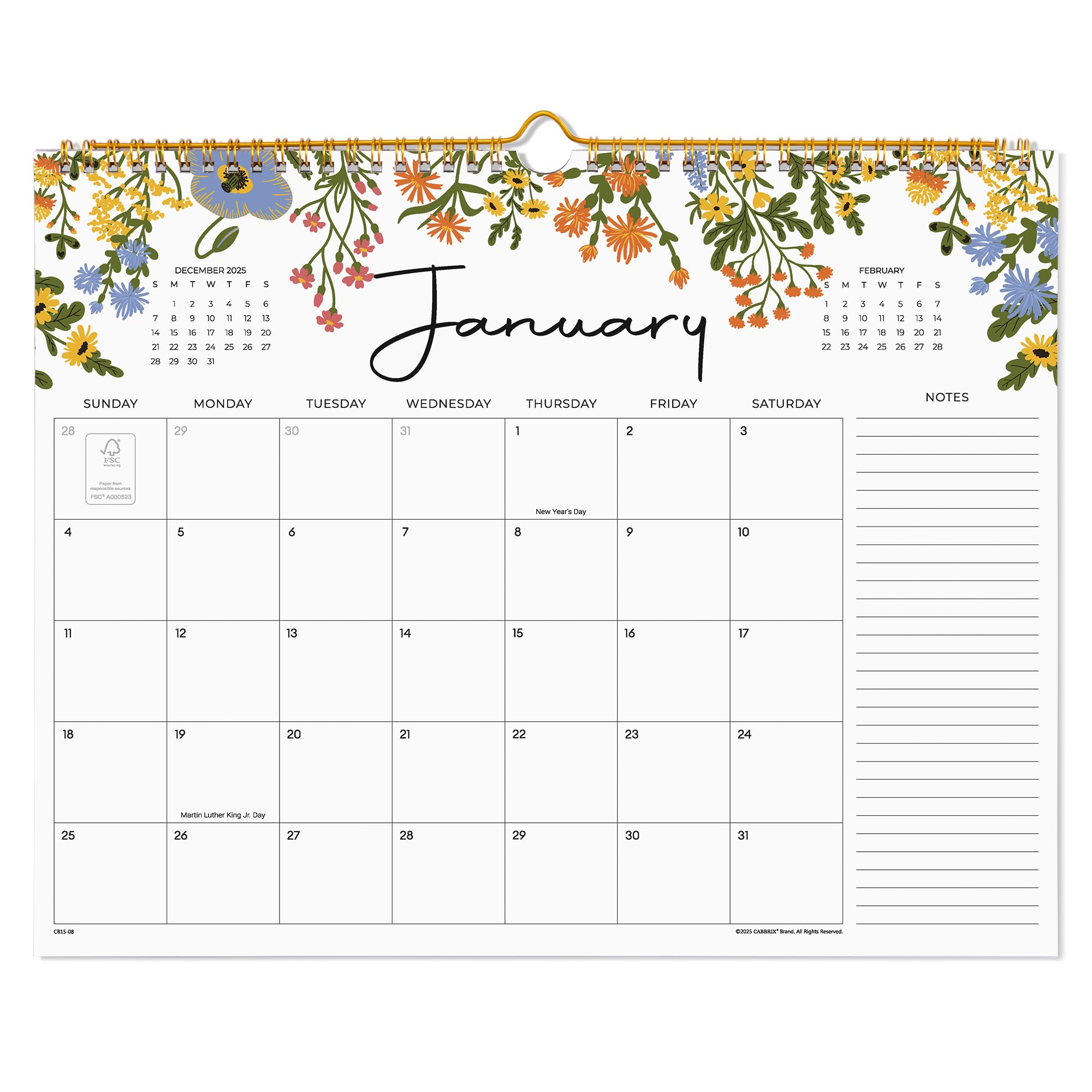 Cabbrix 2025-2026 Wall Calendar, Wirebound, Floral Elements