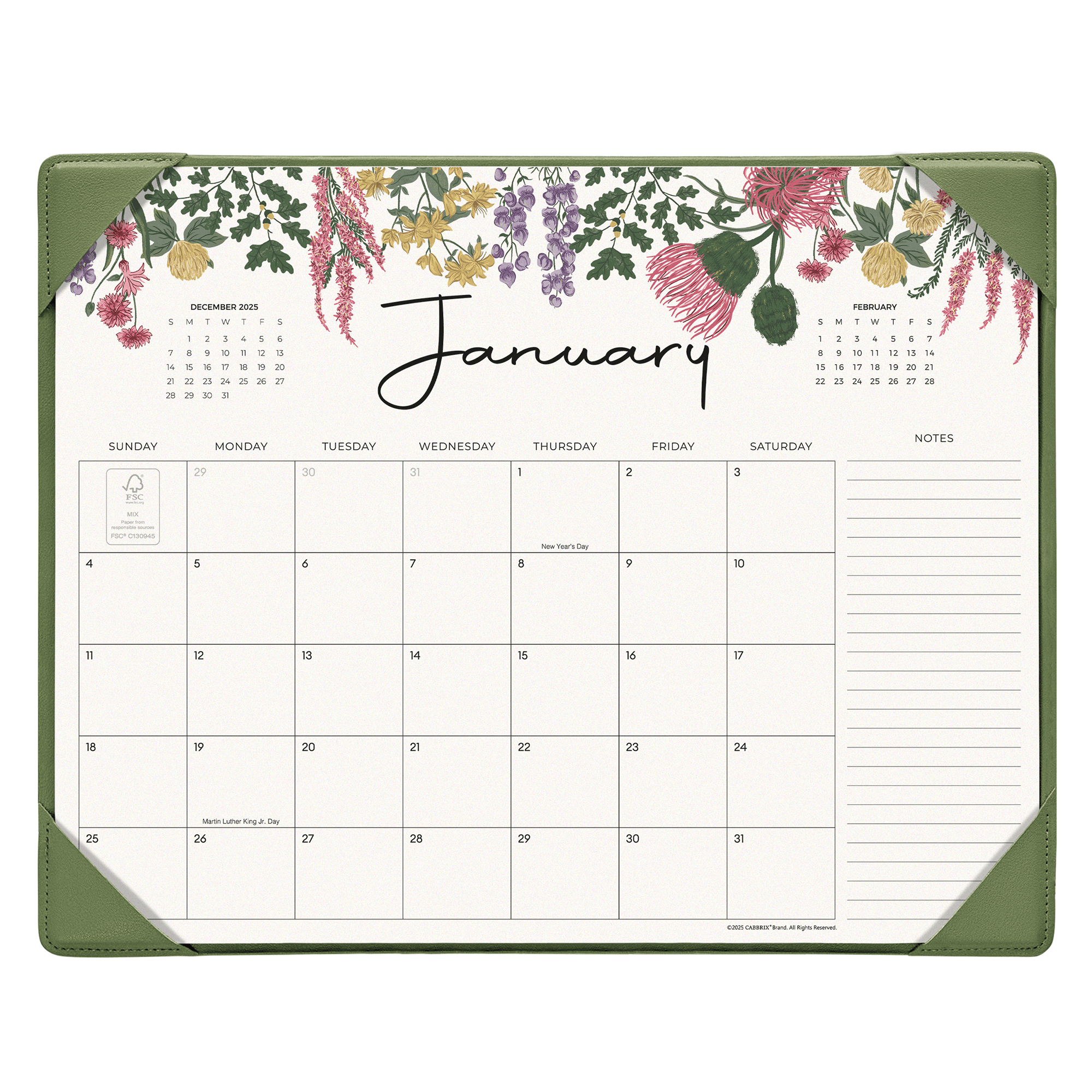 Cabbrix 2026-2027 Desk Calendar, 15"L×12"W, Vine Poem, Green