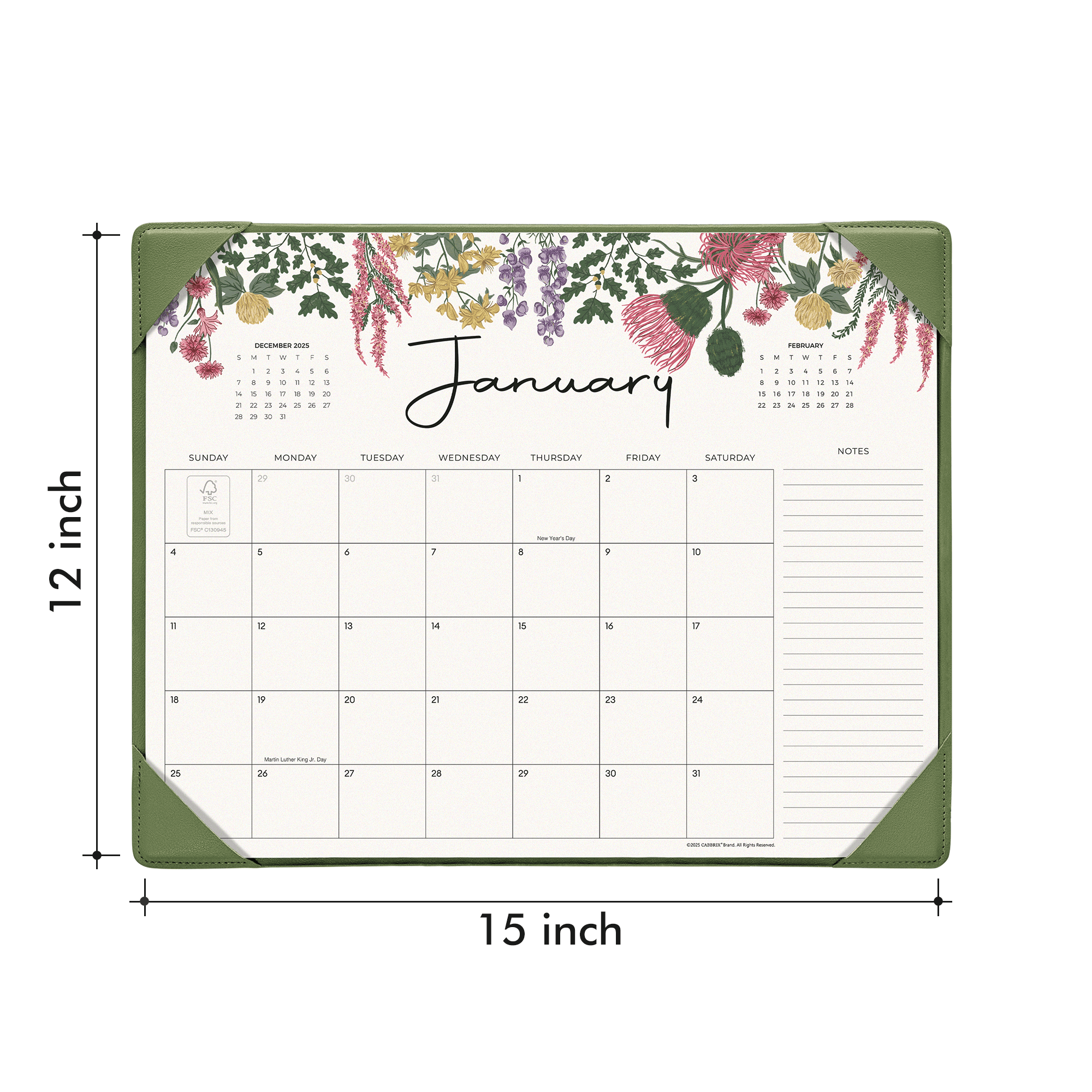 Cabbrix 2026-2027 Desk Calendar, 15"L×12"W, Vine Poem, Green