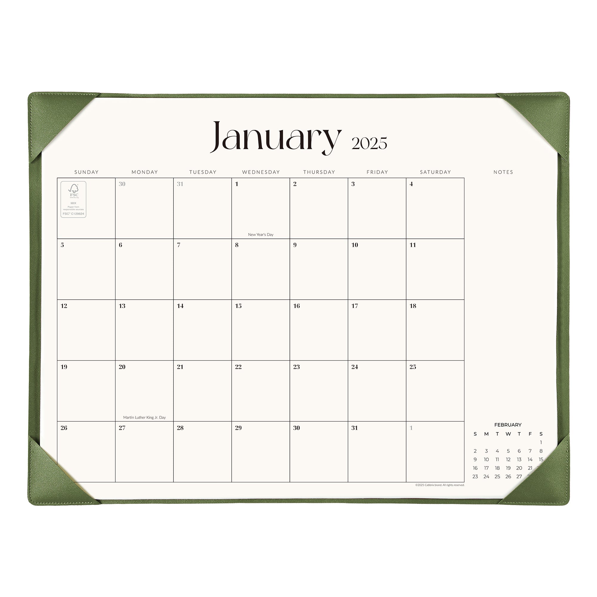 Cabbrix 2025-2026 Desk Calendar, Simplicity Style, Green