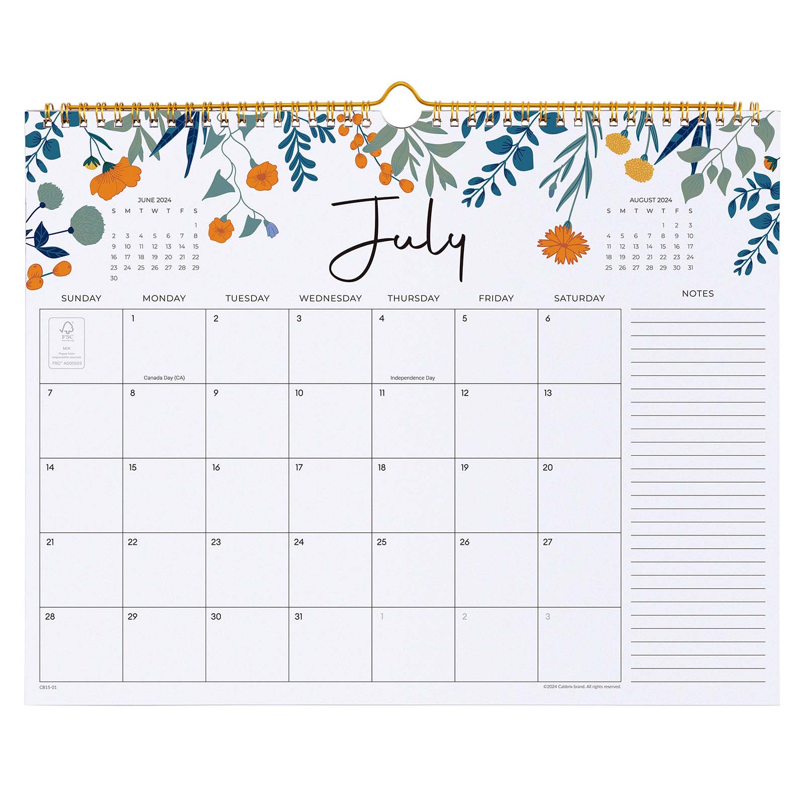 Cabbrix®, Aug 2024-Dec 2025 Academic Wall Calendar, Wirebound, 15"L×12"W, Flowers Elements