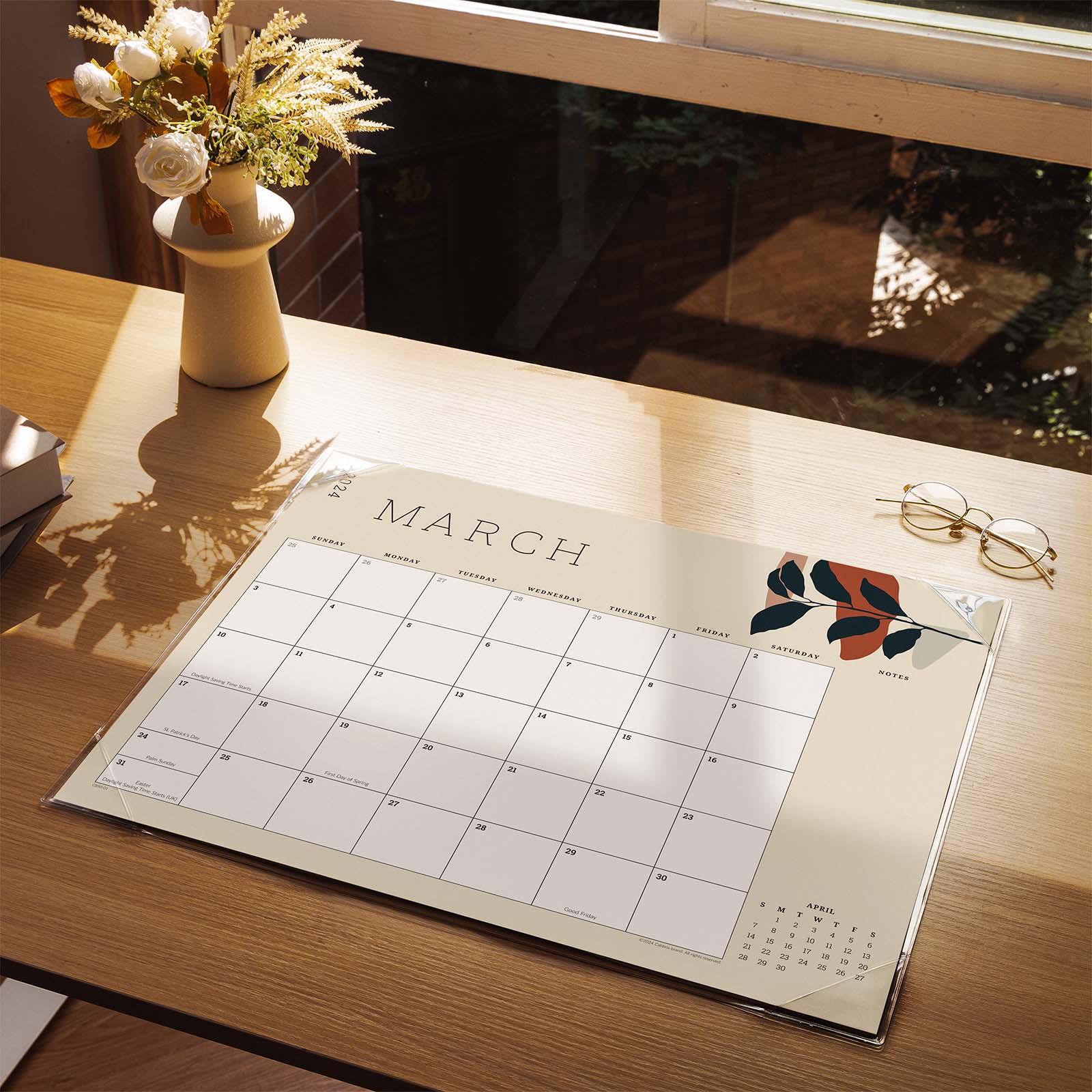 Cabbrix®, Jul 2024-Jun 2025 Desk Calendar, Large, 21"L×16.5"W, Botanical Elements, PVC Desk Mat Back Board