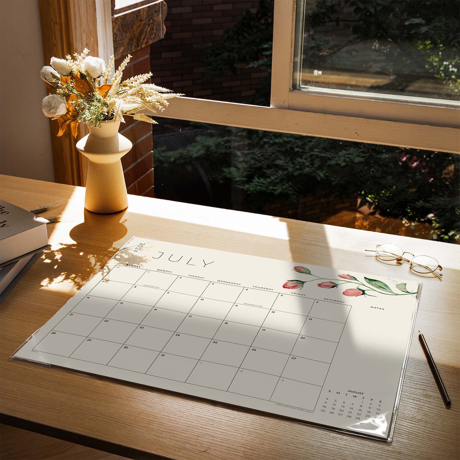 Cabbrix®, Jul 2024-Jun 2025 Desk Calendar, Large, 21"L×16.5"W, Flowers Elements, PVC Desk Mat Back Board