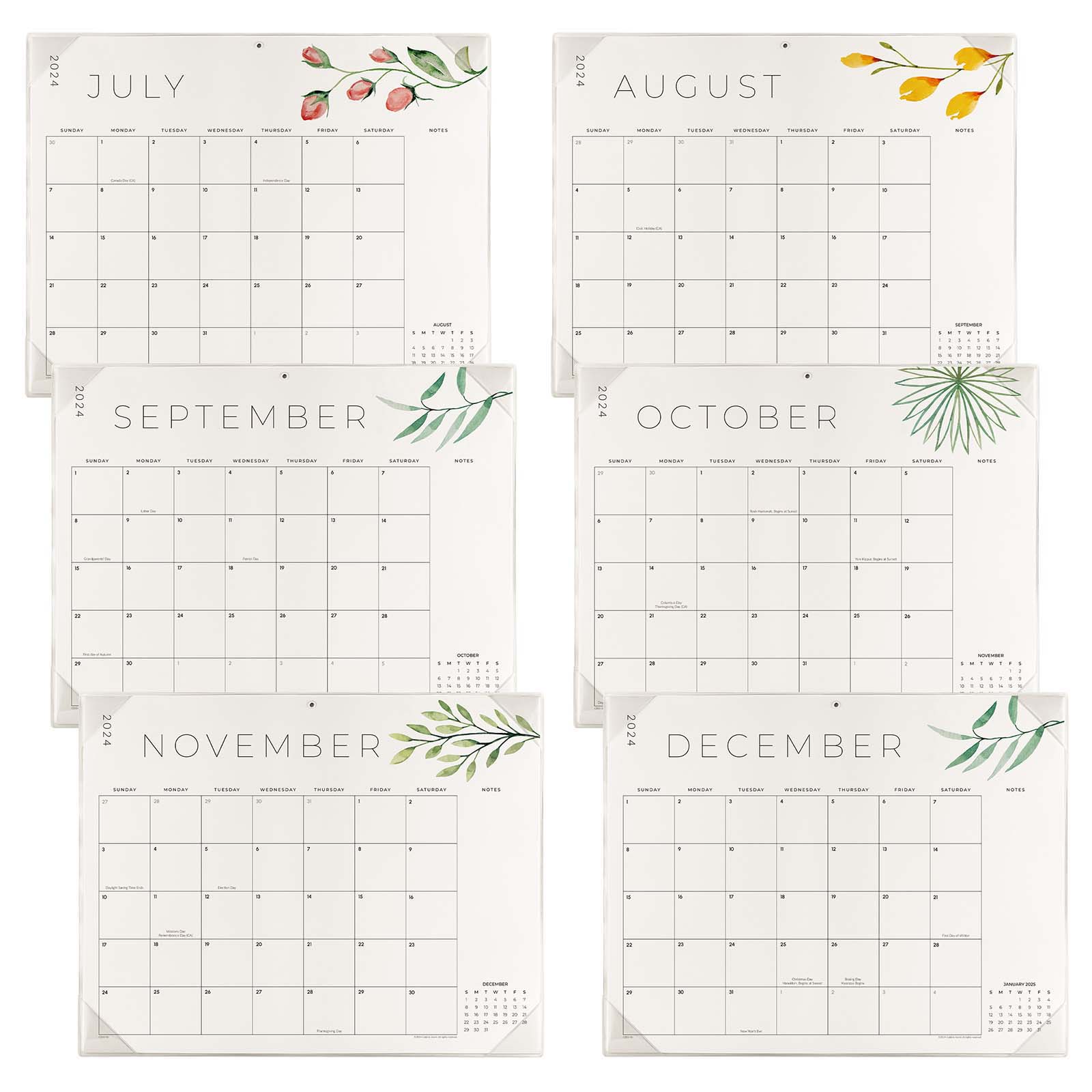 Cabbrix®, Jul 2024-Jun 2025 Desk Calendar, Large, 21"L×16.5"W, Flowers Elements, PVC Desk Mat Back Board